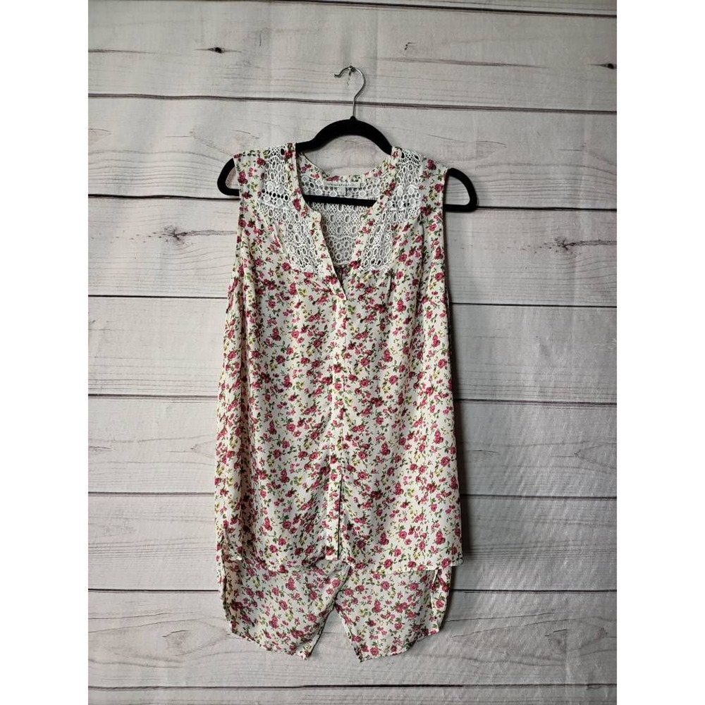 Daniel Rainn Womens Blouse Multicolor Floral Sleeveless High Low Crochet L